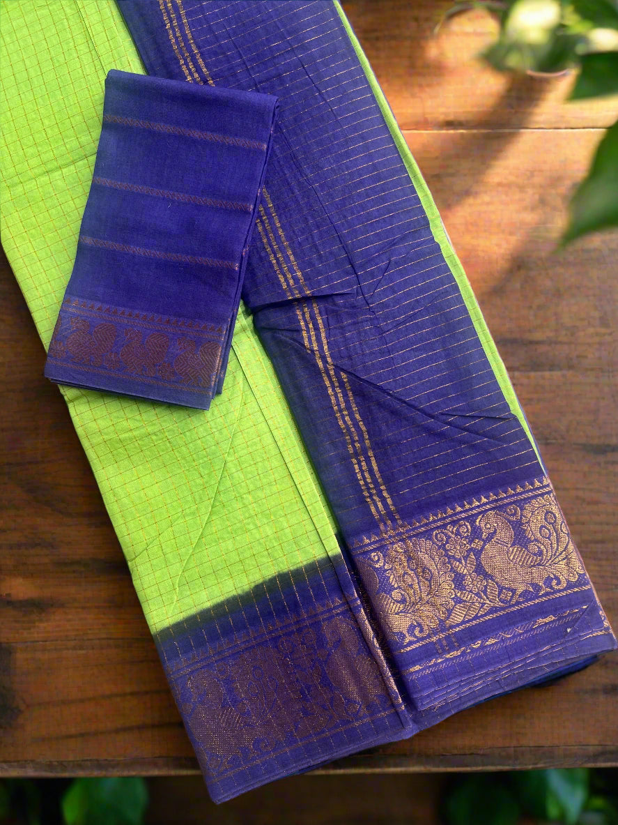 Blue and green saree with a peacock feather on a textured surface