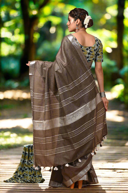 Brown Linen Cotton Saree