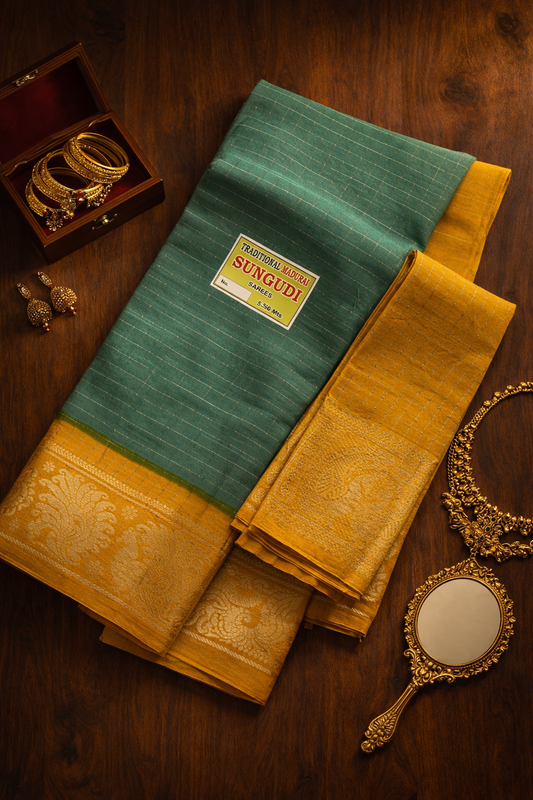 Silver Gopuram Checks - Teal X Mustard Yellow