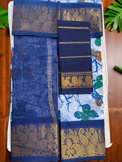 Blue saree with gold patterns on a white background