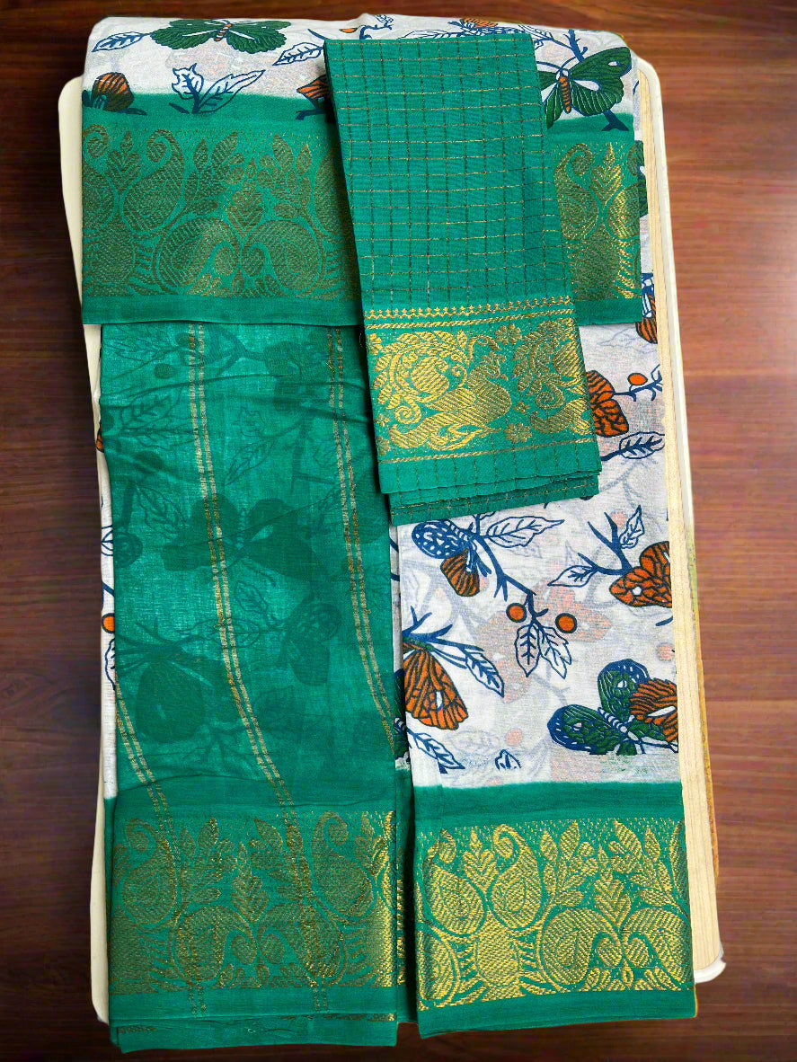 Green saree with floral patterns on a white background