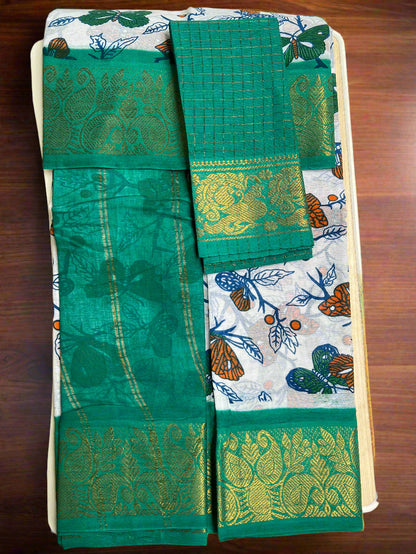 Green saree with floral patterns on a white background