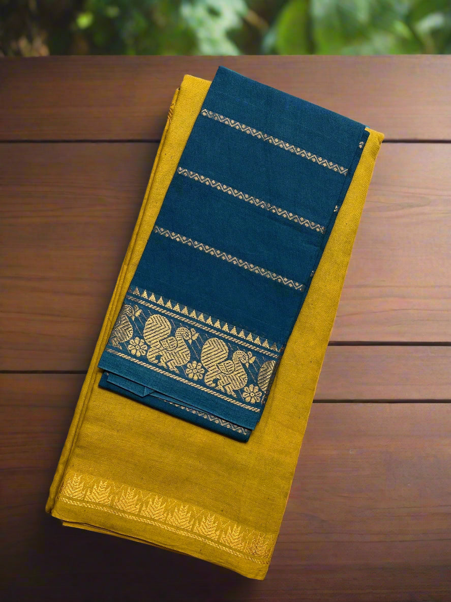 Blue and yellow fabric with intricate patterns on a textured surface