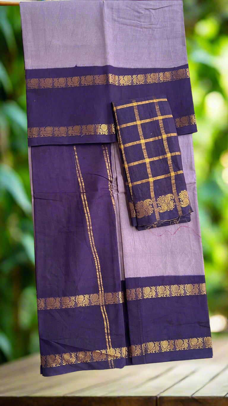 Purple and gold traditional fabric with a checkered pattern on a textured surface