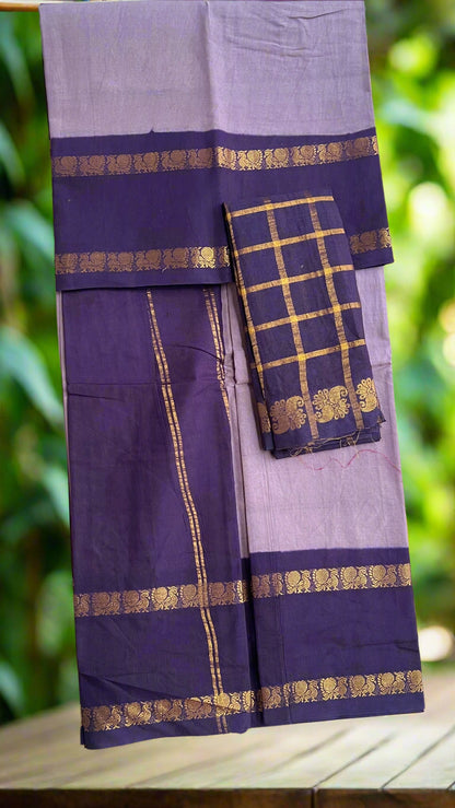 Purple and gold traditional fabric with a checkered pattern on a textured surface