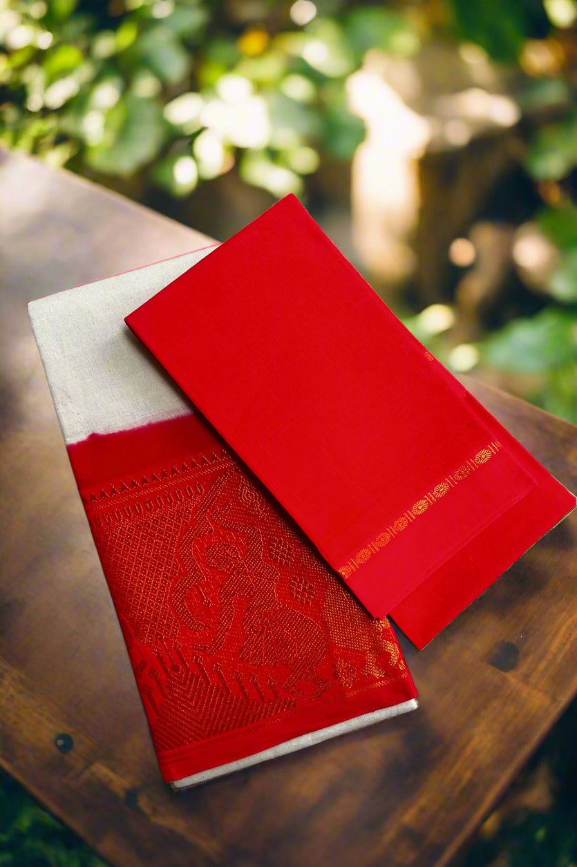 Red fabric with white trim on a textured surface