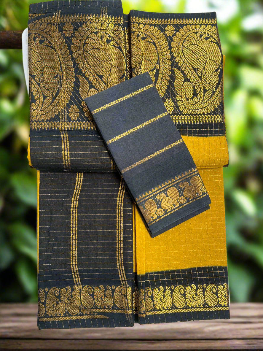 Black and yellow saree with gold patterns on a white background