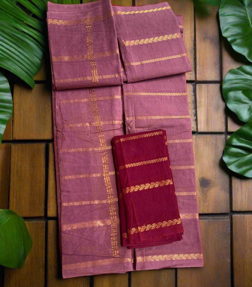 Set of purple sarees with gold patterns on a woven mat