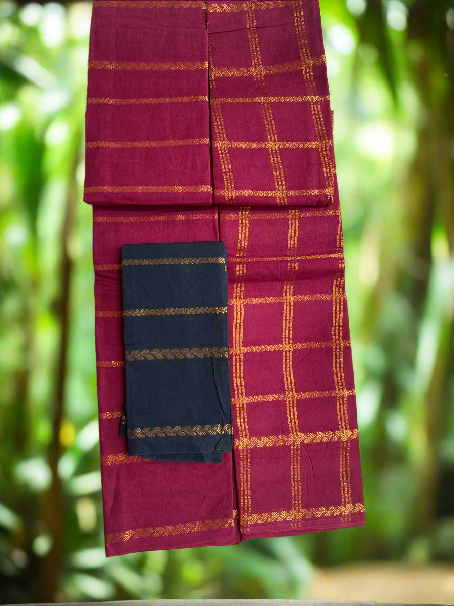 Red and gold checkered fabric with a blue pocket on a woven mat